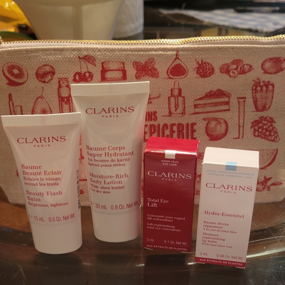 Clarins sample pack with makeup bag